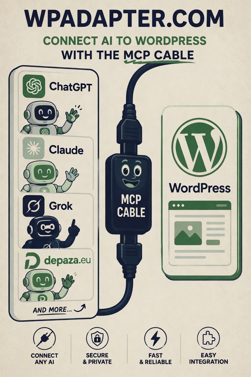 Models plug into WordPress through WP Adapter, not through a public origin MCP.